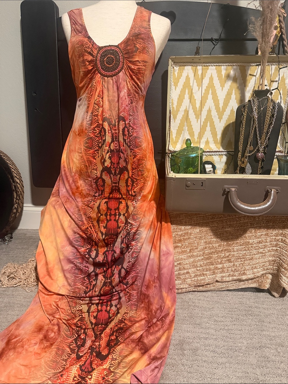 ONE WORLD Orange Multi-Color Maxi Dress with Tribal Print